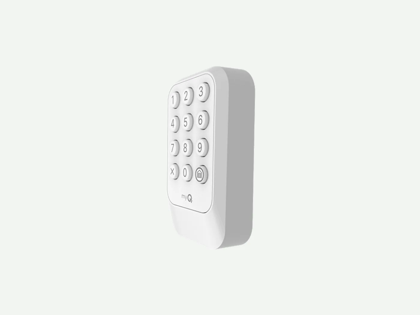 White LiftMaster myQ wireless keypad with a numbered button pad, product shot on a plain background
